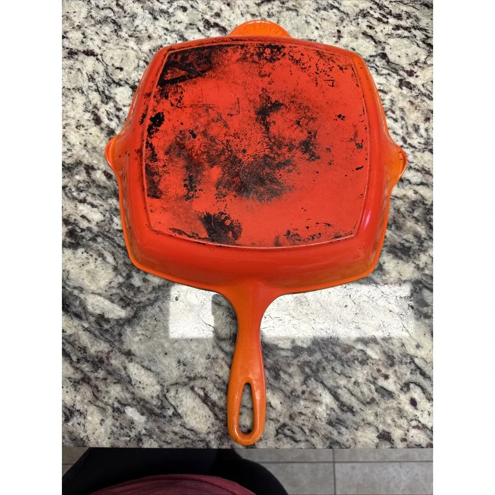 Le Creuset #26 Red Enameled Cast Iron Square Grill Pan Skillet Griddle Orange